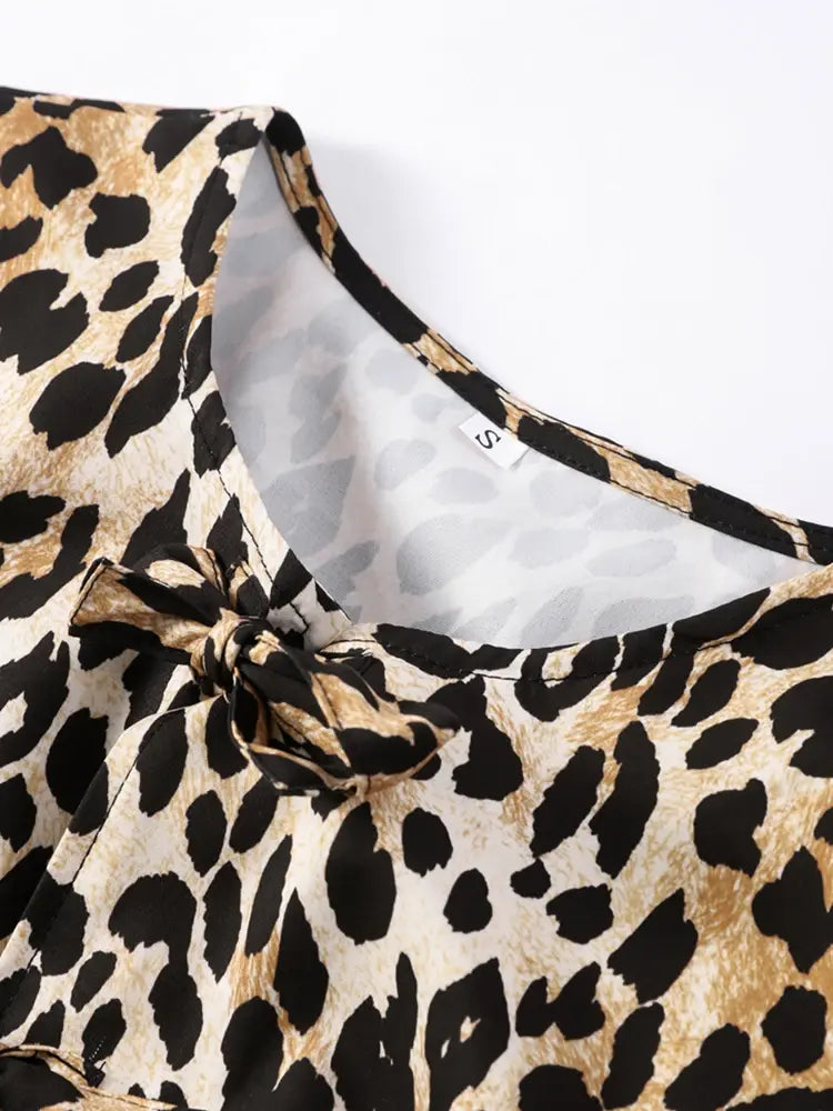 Leopard Print Shirt Women Spring Short Lantern Sleeve O-neck Casual Female Top 2024 Fashion Summer Lady Streetwear Tops