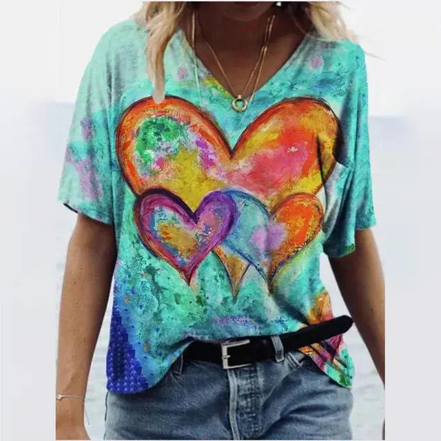 Women's T-shirts Summer Gradient Graphics Tops V Neck Fashion Female Vintage Clothing Floral Print Tees Loose Oversized T Shirts