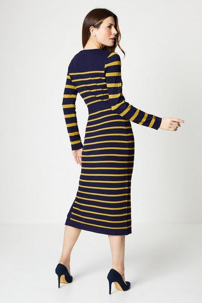Multi Stripe Button Detail Knitted Dress