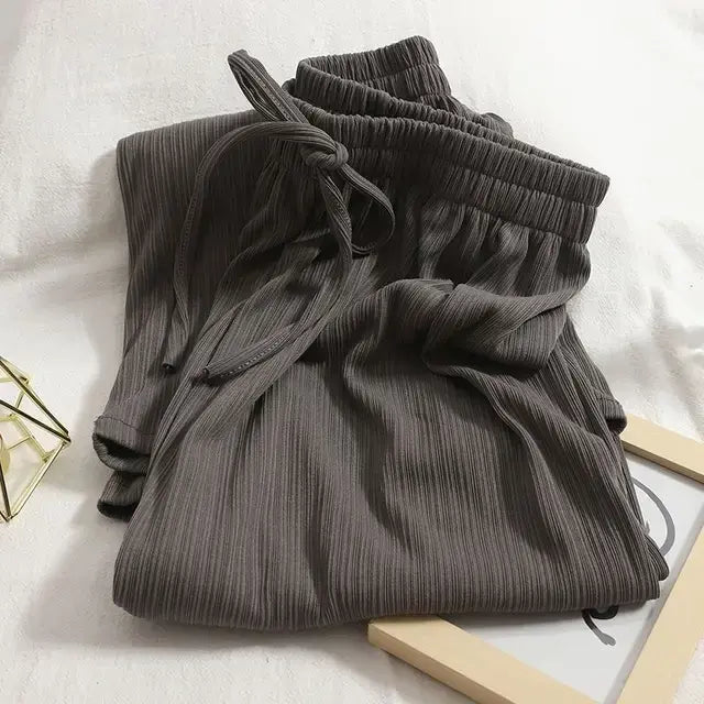Women's Vertical Stripe Ice Silk Wide Leg Pants Spring And Summer Women's High Waist Drawstring Casual Stretch Straight Trousers