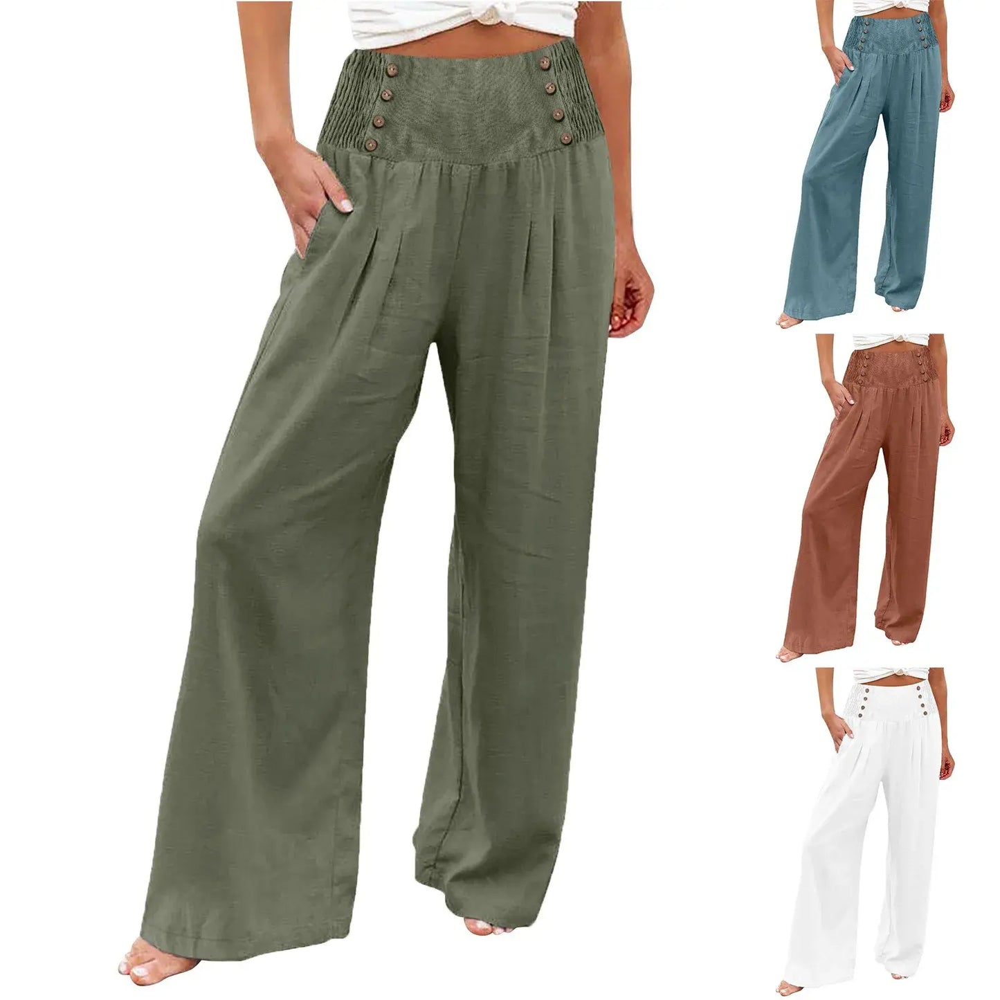 Women's Pants Summer Cotton Linen Wide Leg Pants Full Length Casual Solid Loose High Waist Straight Trousers Women Button Pants