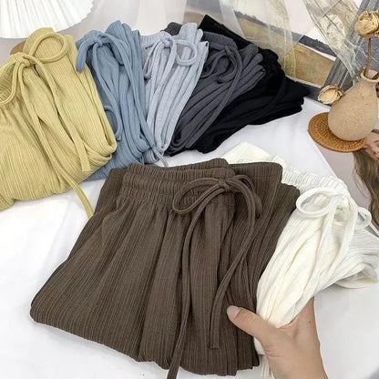 Women's Vertical Stripe Ice Silk Wide Leg Pants Spring And Summer Women's High Waist Drawstring Casual Stretch Straight Trousers