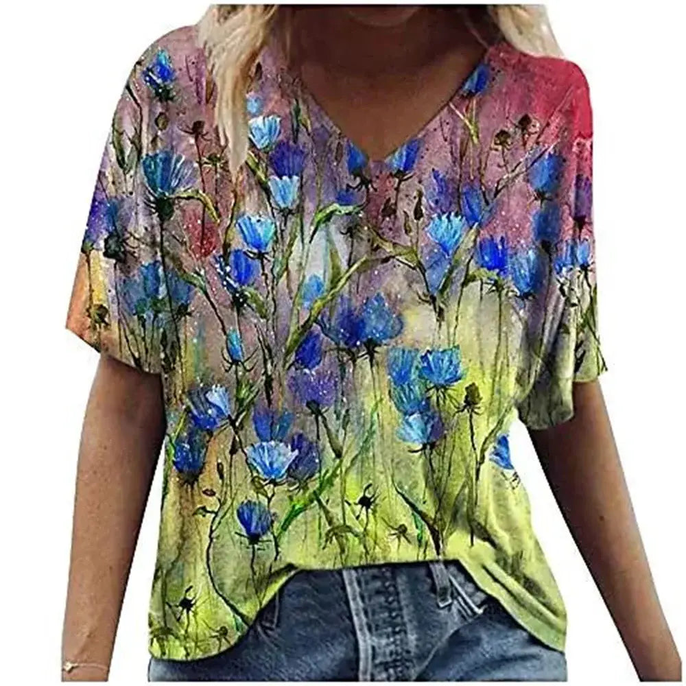 Women's T-shirts Summer Gradient Graphics Tops V Neck Fashion Female Vintage Clothing Floral Print Tees Loose Oversized T Shirts