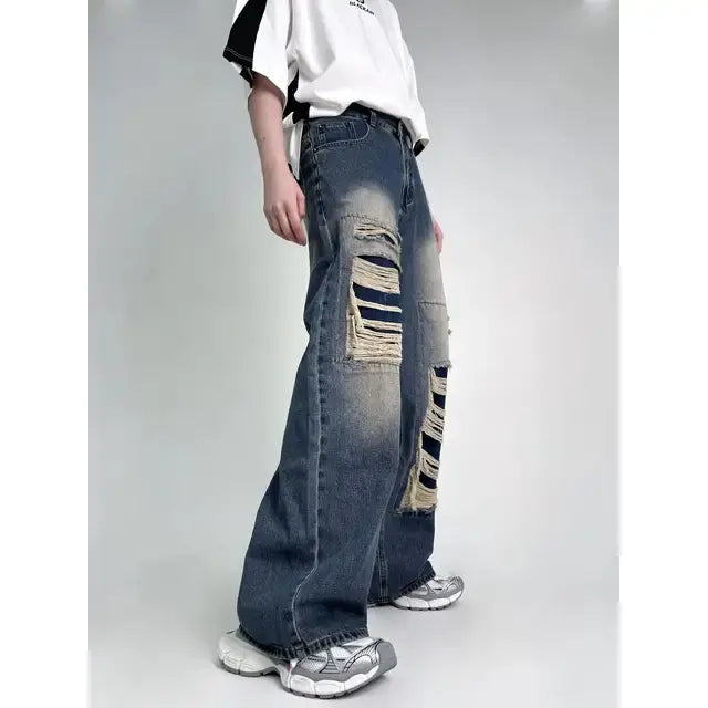 New women star stitching tassel pants American retro high street jeans loose wide leg pants trendy punk y2k pants